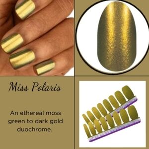 Color Street Miss Polaris Green Gold Shimmer Nail Polish Strips Duochrome Set